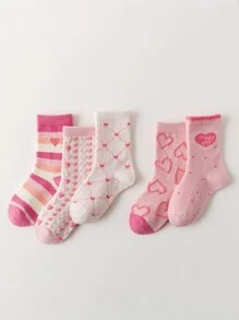 5 Pairs Girls' Pink Heart Princess Style Mid-Calf Socks, Suitable For Ages 1-2, 2-3, 3-8, 8-12 Years Old, Spring/Autumn - Multicolor - View 2