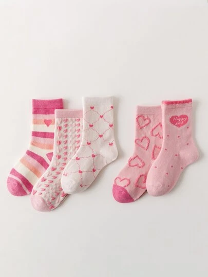 5双装女童粉色爱心公主风中筒袜，适合1-2岁、2-3岁、3-8岁、8-12岁儿童，春秋季款