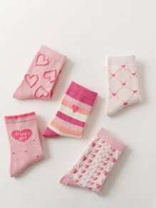 5 Pairs Girls' Pink Heart Princess Style Mid-Calf Socks, Suitable For Ages 1-2, 2-3, 3-8, 8-12 Years Old, Spring/Autumn - Multicolor - View 5