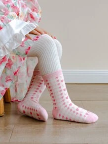 5 Pairs Girls' Pink Heart Princess Style Mid-Calf Socks, Suitable For Ages 1-2, 2-3, 3-8, 8-12 Years Old, Spring/Autumn - Multicolor - View 8