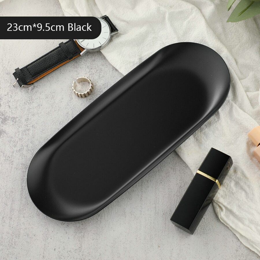 1 pieza Bandeja ovalada negra de acero inoxidable para almacenamiento de escritorio, organizador de maquillaje y joyas, regalo del Día de San Valentín - Negro - Ver 1