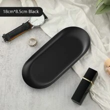 1 pieza Bandeja ovalada negra de acero inoxidable para almacenamiento de escritorio, organizador de maquillaje y joyas, regalo del Día de San Valentín - Negro - Ver 3