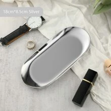 1个430不锈钢椭圆形镜面托盘，银色桌面收纳托盘，金属托盘，适用于化妆品和珠宝，返校季、房间装饰 - 銀色 - 查看 3