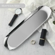 1个430不锈钢椭圆形镜面托盘，银色桌面收纳托盘，金属托盘，适用于化妆品和珠宝，返校季、房间装饰 - 銀色 - 查看 4