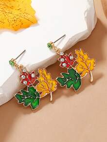 1對多色楓葉形狀感恩節合金耳環 - 彩色 - 查看 3