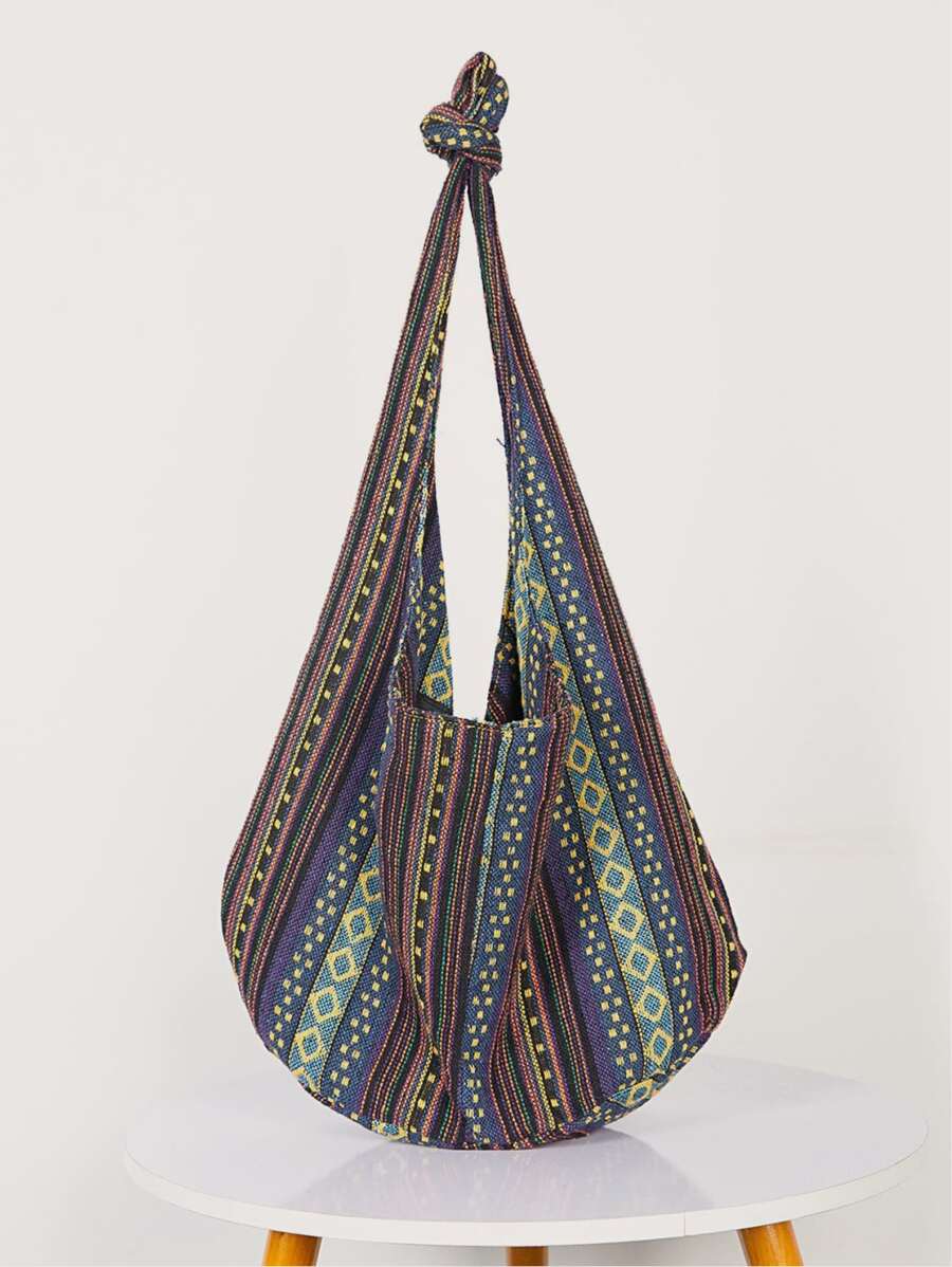 Yogodlns 條紋斜挎包，波西米亞風格肩背包，大容量帆布旅行袋，復古怀舊波西米亞風格女士斜背包，很適合慍配伊比薩風格 - 藏蓝色 - 查看 1