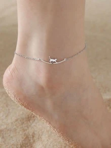 1入組女性時尚不銹鋼鏈式腳鏈帶步行貓動物設計,夏季沙灘,節日,生日禮物 - 銀色 - 查看 1