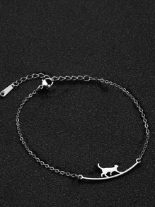 1入組女性時尚不銹鋼鏈式腳鏈帶步行貓動物設計,夏季沙灘,節日,生日禮物 - 銀色 - 查看 2