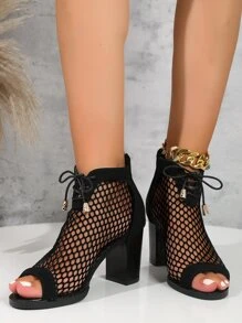 时尚新款露趾凉鞋性感网眼高跟鞋镂空短靴欧美风百搭高跟凉鞋短靴女黑丝高跟鞋 - 黑色 - 查看 2