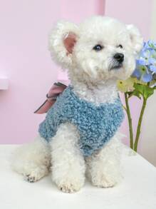 1 quần áo cho thú cưng chó mèo quần áo mùa đông ấm áp thắt nơ có lót nhiệt - màu xanh - Màu xanh lam - Xem 5