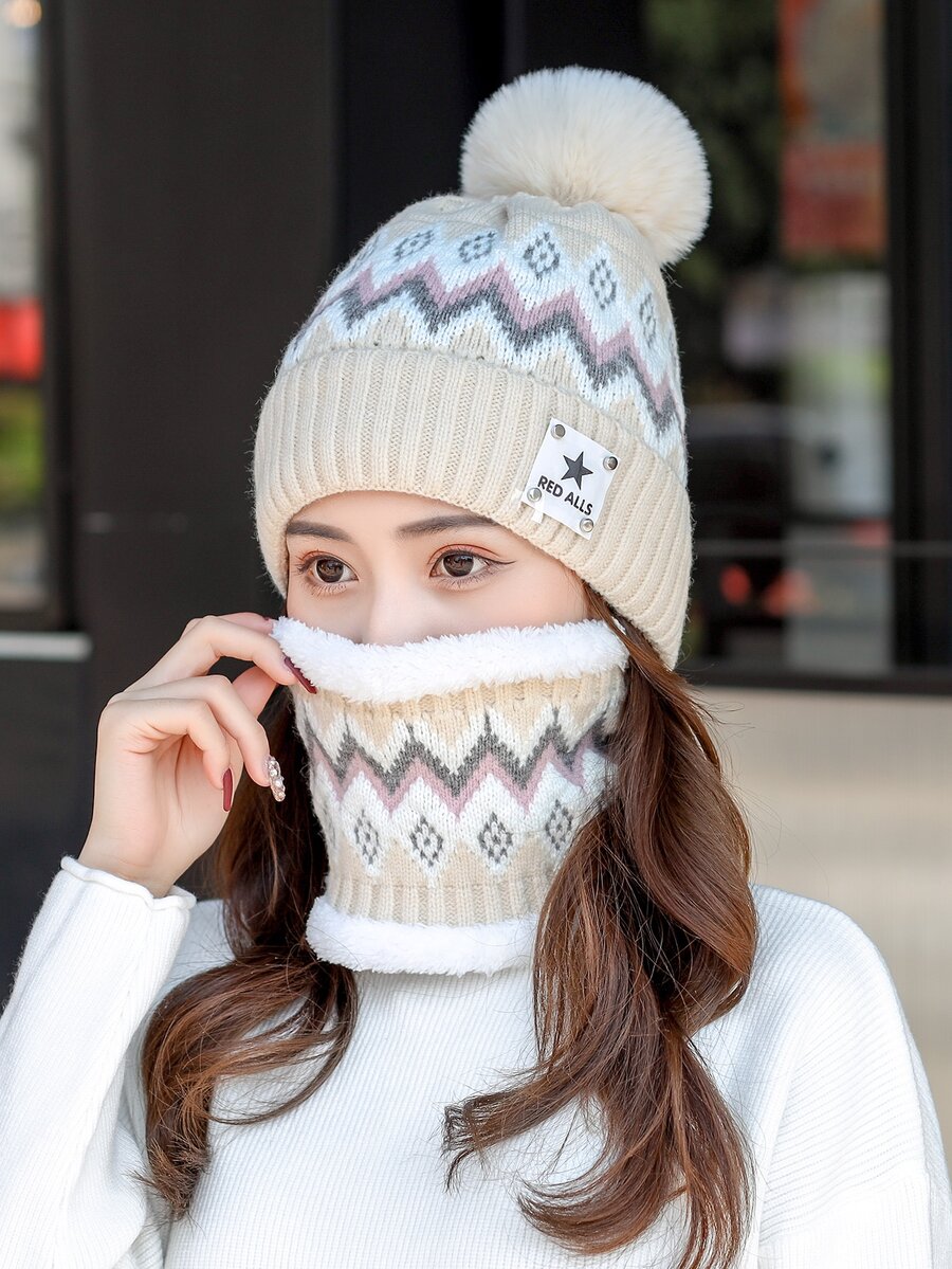 1 件女式帽子圍巾套裝,韓國針織帽,附絨球和色塊加厚防風耳罩無簷小便帽,適合戶外活動 - 卡其色 - 查看 1