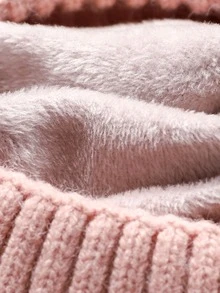 1 件女式帽子圍巾套裝,韓國針織帽,附絨球和色塊加厚防風耳罩無簷小便帽,適合戶外活動 - 卡其色 - 查看 5