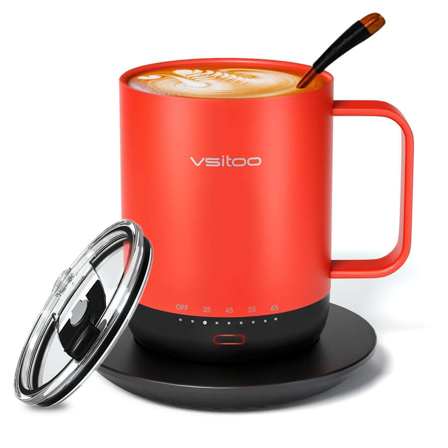 Vsitoo S3pro Temperature Control Smart Mug 2 With Lid, Self Heating Coffee Mug 14 Oz, 90 Min Battery Life - APP & Manual Controlled Heated Coffee Mug - Improved Design - Gifts For Coffee Lovers,Fathers Day Gifts - 紅色 - 查看 1