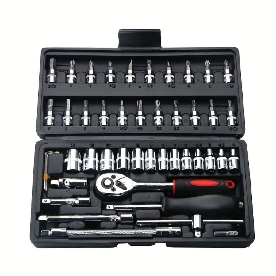 46pcs Automotive Repair Tool Kit Including Ratchet Torque Wrench, Spanners, Screwdrivers, Socket Set - Perfect For Bike And Car Repairs! - Black - View 1