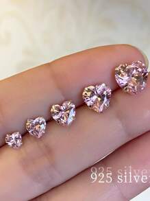 GAGAFEEL 1pair Simple Elegant S925 Sterling Silver & Cubic Zirconia Pink Heart Shape Flash Rhinestone Snail Stud Earrings, Perfect Birthday Gift For Women Valentines