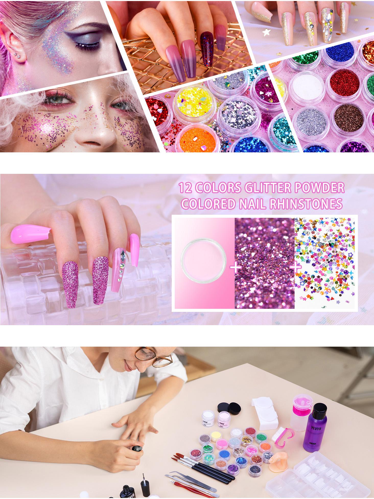 YEVYO Acrylic Nail Kit with Nail Drill and UV Light, 24 Glitter Acrylic