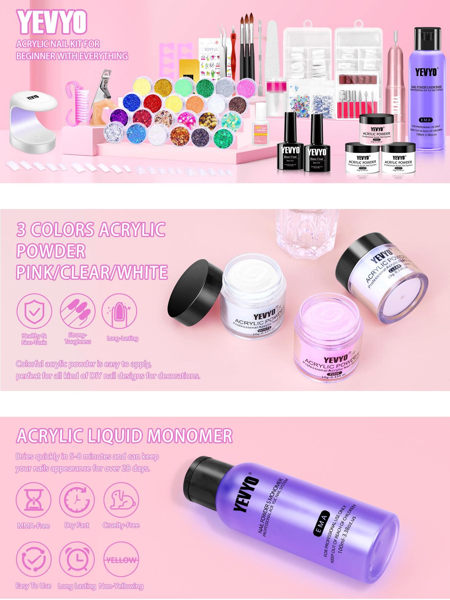 YEVYO Acrylic Nail Kit with Nail Drill and UV Light, 24 Glitter Acrylic