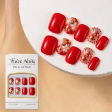 24pcs Short Stylish & Cute Little Red Flower Design Nail Art Set, Perfect For Parties, Dances And Daily Wear - Multicolor - View 4