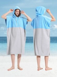 1條淺藍色對比色連帽浴袍,簡約風格超精細纖維拼接環編換衣浴袍,沙灘衝浪游泳加厚保暖成人海灘披風 - 淺藍色 - 查看 2