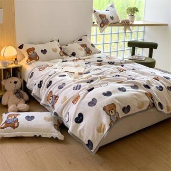 1pc Heart-shaped Bear Milk Velvet Double-sided Plush Blanket