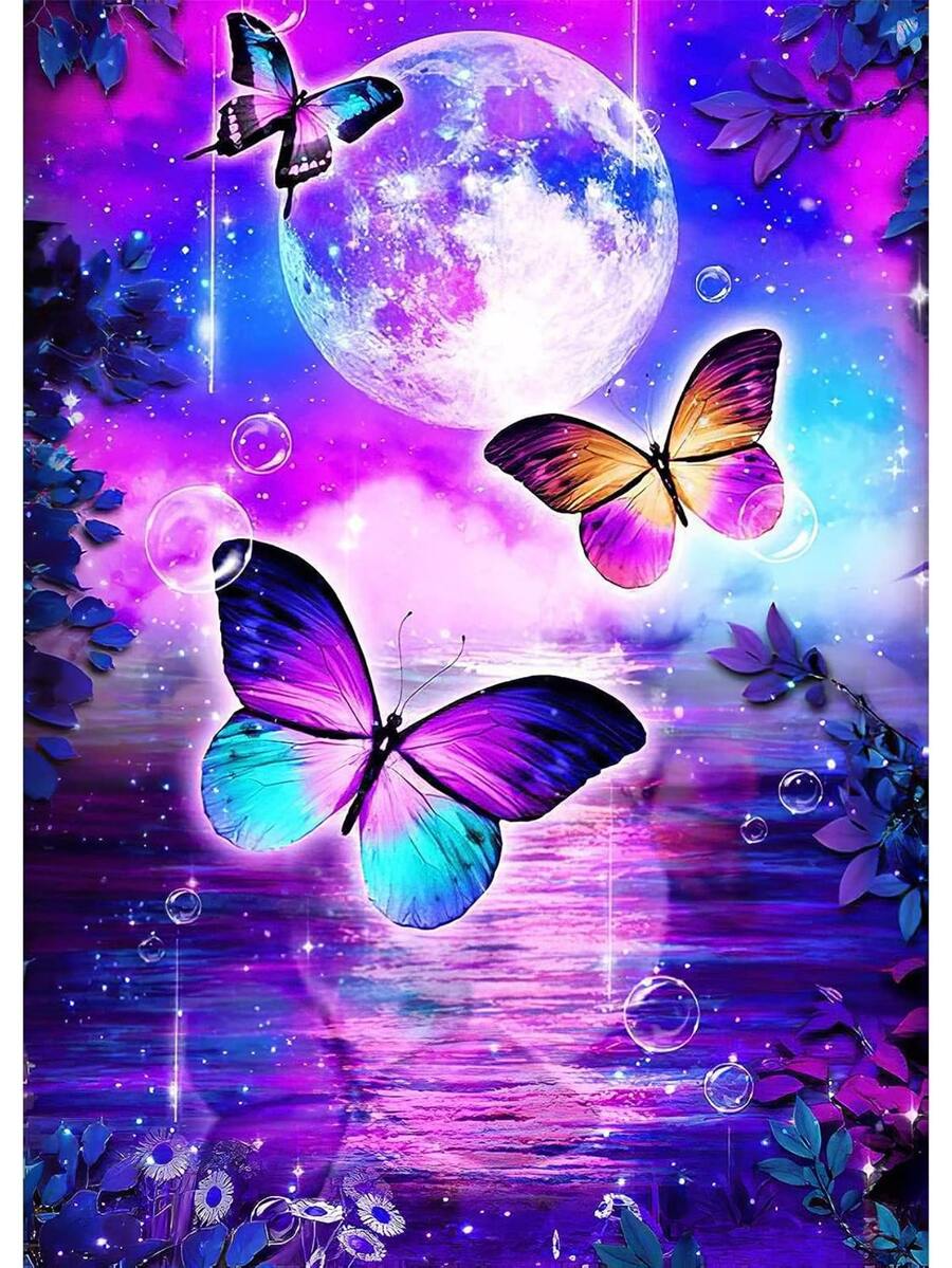 紫色蝴蝶鑽石畫套裝,適用於成人-圓形,適用於兒童-全鑽石,適用於初學者-鑽石藝術套裝,適用於家居裝飾-鑽石藝術畫套裝 - 紫色 - 查看 1