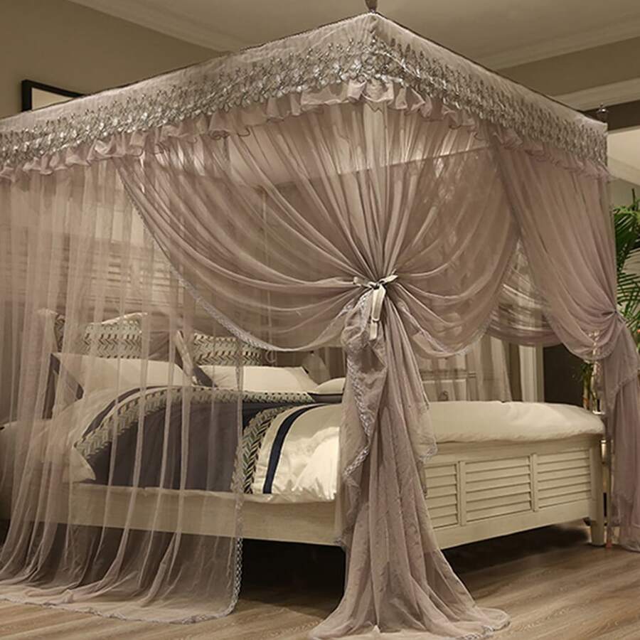 4 Corners Post Canopy Bed Curtain For Girls & Adults, 4 Openings Bed Canopies Bedroom Decoration Accessories - Xám - Xem 1