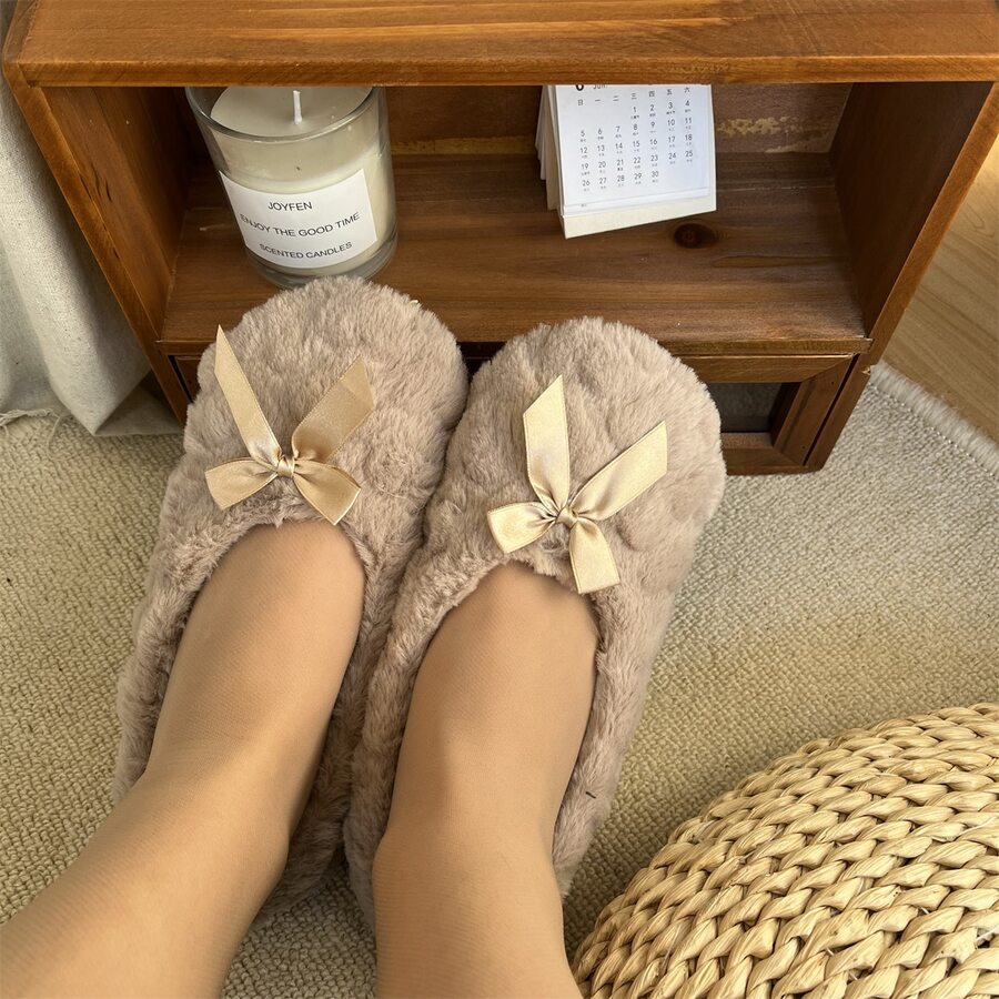 6色軟底蝴蝶結女性冬天家庭地板襪,濃烈香調,防滑,產後加厚襪子套裝 - 卡其色 - 查看 1
