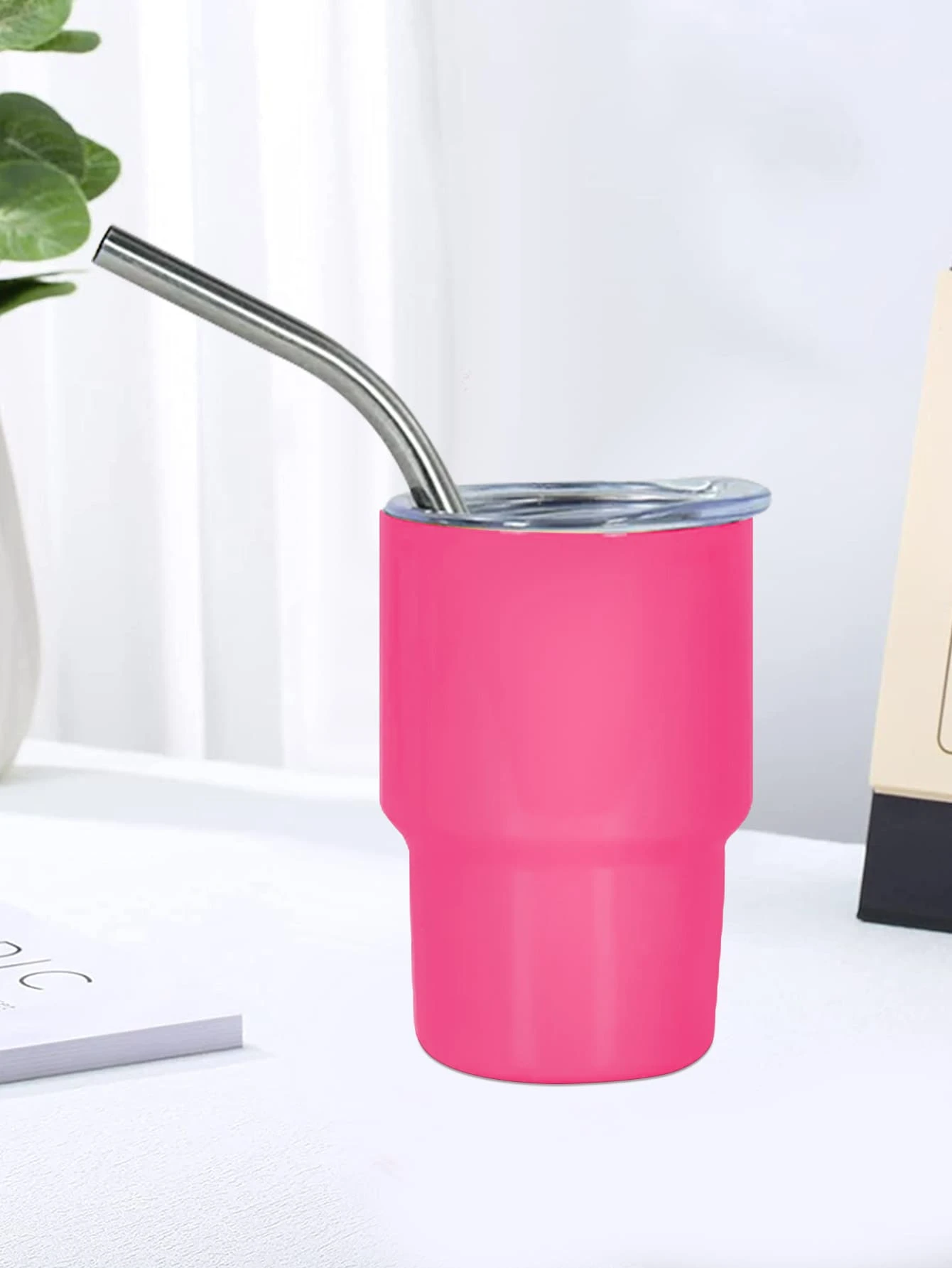 1入組3盎司迷你雙層牆真空絕緣不銹鋼杯子帶蓋,吸管和手柄,咖啡杯 - 粉色 - 查看 1