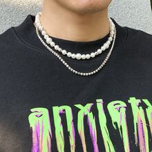 2pcs Rhinestone & Chain & Faux Pearl Necklace Set, Suitable For Men's Party Wear - Silver - View 1