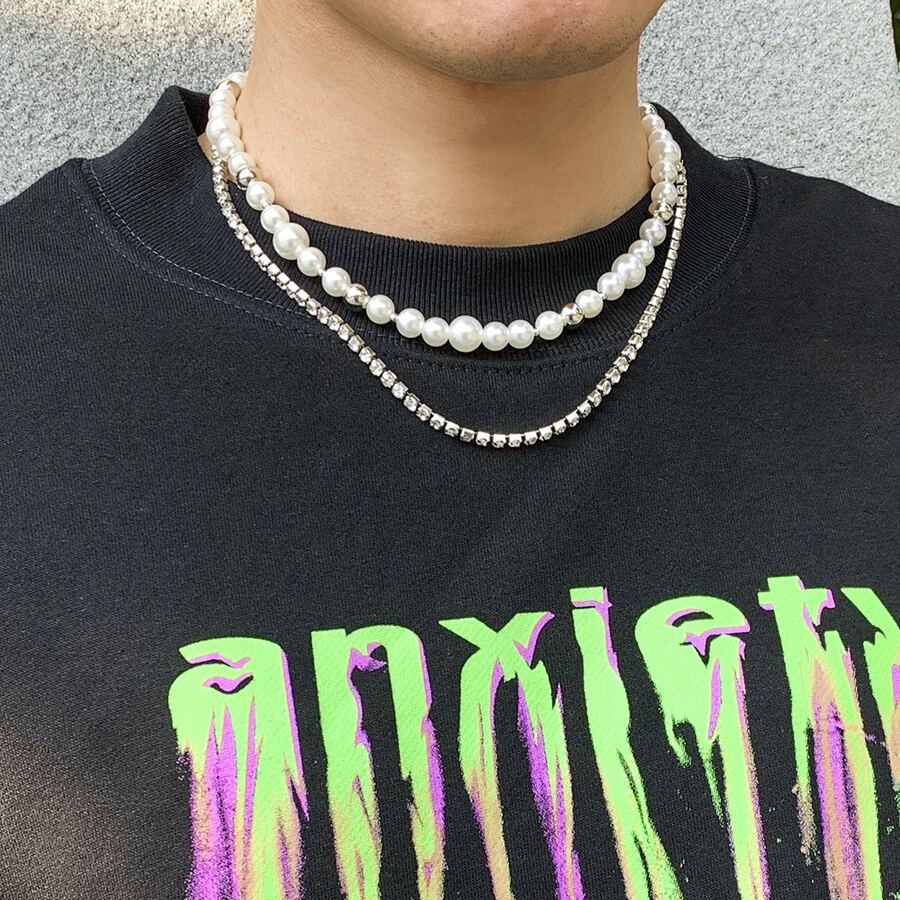 2pcs Rhinestone & Chain & Faux Pearl Necklace Set, Suitable For Men's Party Wear - Silver - View 1