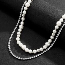 2pcs Rhinestone & Chain & Faux Pearl Necklace Set, Suitable For Men's Party Wear - Silver - View 4