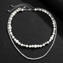 2pcs Rhinestone & Chain & Faux Pearl Necklace Set, Suitable For Men's Party Wear - Silver - View 3