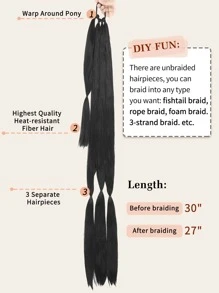 2入組長款編織馬尾辮延長辮帶髮圈直筒圍裹式接髮馬尾自然柔軟的合成纖維發片適合女士日常穿著26英寸30英寸34寸黑色 - 黑色 - 查看 5