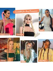 2顶长款编织马尾假发，带发圈，圆形直发合成假发，自然柔软，适合女性日常佩戴，26英寸、30英寸、34英寸，黑色 - 黑色 - 查看 10