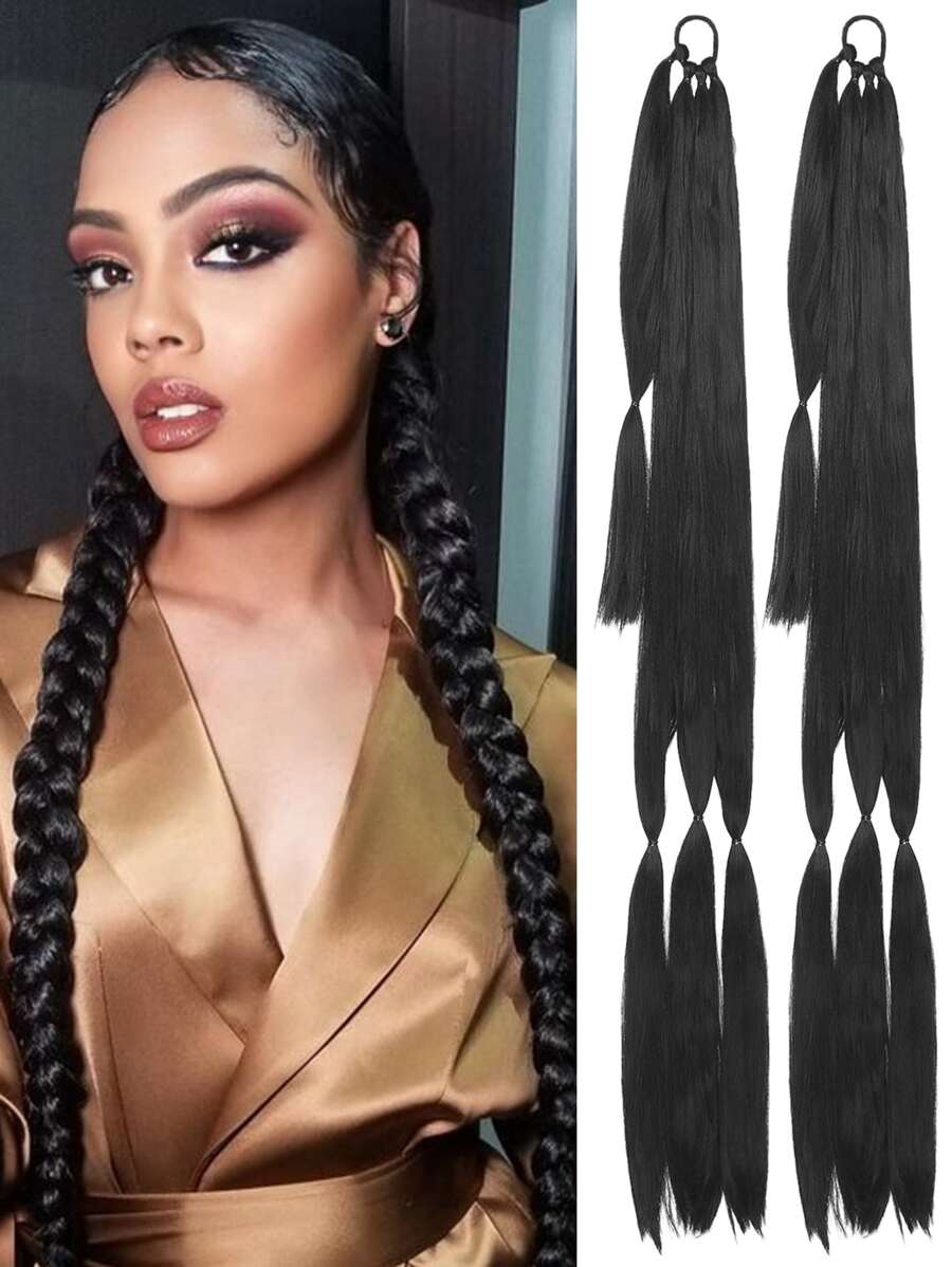 2入組長款編織馬尾辮延長辮帶髮圈直筒圍裹式接髮馬尾自然柔軟的合成纖維發片適合女士日常穿著26英寸30英寸34寸黑色