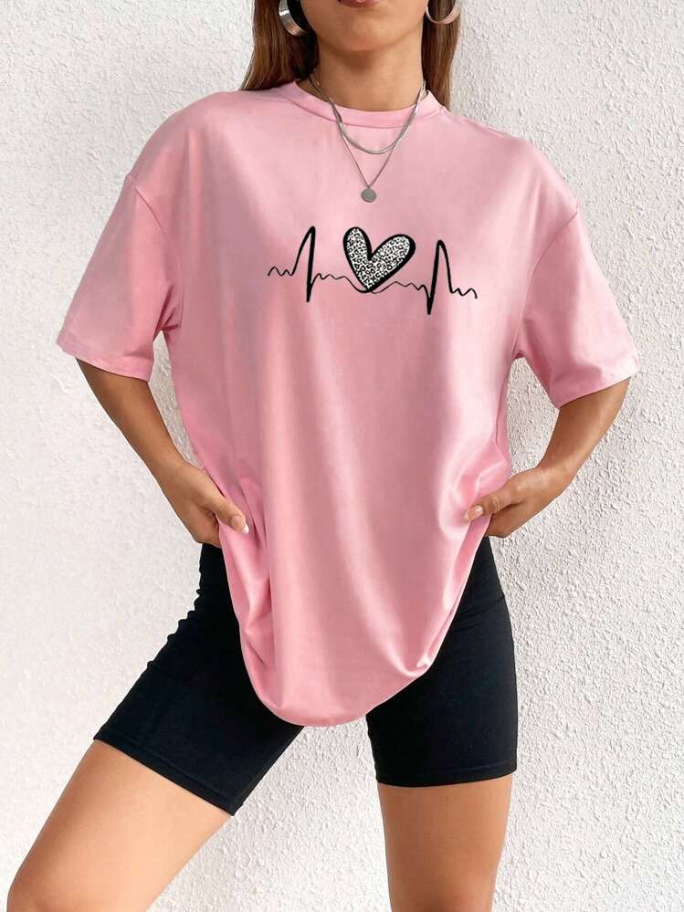 MURAMASA Camiseta de cuello redondo con estampado de corazón, camisetas gráficas con estampado de guepardo para mujer - Rosa - Añade 3