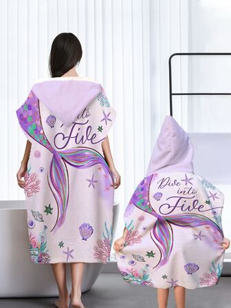 1 件紫色美人鱼图案亲子连帽浴巾，现代风格超细纤维矩形吸水换衣斗篷多功能毛巾，适用于室内浴室和室外海滩夏季婚礼家居浴室装饰沙滩装返校