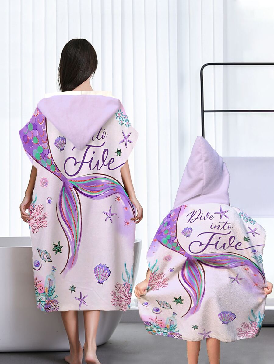1pc Purple Mermaid Pattern Parent- Hooded Bath Towel, Modern Style Ultra-Fine Fiber Rectangle Absorbent Changing Clothes Cape Multi-Functional Towel For Indoor Bathroom And Outdoor Beach Summer Wedding Home Bathroom Decor Beach Wear Back To School