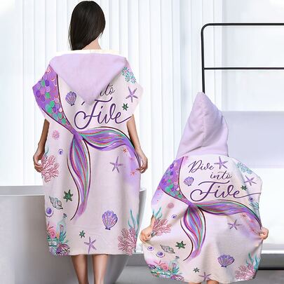 1 件紫色美人鱼图案亲子连帽浴巾，现代风格超细纤维矩形吸水换衣斗篷多功能毛巾，适用于室内浴室和室外海滩夏季婚礼家居浴室装饰沙滩装返校
