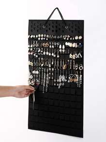 1 bolsa de almacenamiento de joyería colgante de poliéster portátil, estuche de almacenamiento de joyería multifuncional negro Simple - Negro - Ver 2