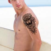 1 件防水临时纹身贴纸蛇龙玫瑰花闪光纹身鹰骷髅人体艺术手臂假袖纹身女士男士 - 紅色 - 查看 3