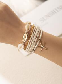 7 Stücke/Set handgefertigtes Damenarmband im böhmischen Strandstil mit Reisperlen, Seesternen und Muscheln
