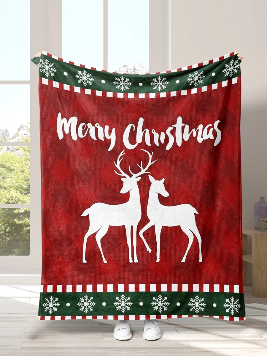 1條聖誕麋鹿和雪花圖案絨毛毯,溫暖、柔軟且多用途 - 彩色 - 查看 1
