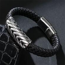 SeuSuk 1pc Minimalist Fashion Multi-V Textured Leather Bracelet, Suitable For Men, Casual, Party, Gift - Silver - View 4
