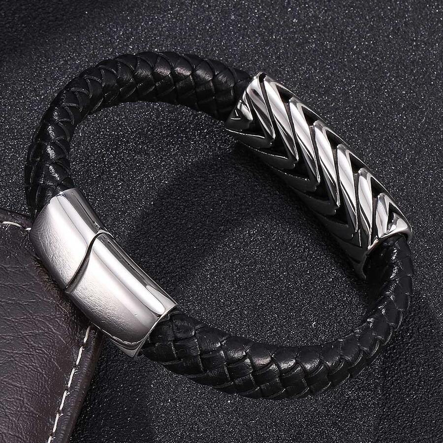 SeuSuk 1pc Minimalist Fashion Multi-V Textured Leather Bracelet, Suitable For Men, Casual, Party, Gift - Silver - View 1