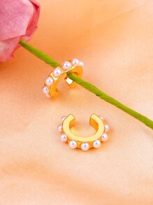 1對時尚鍍金珍珠耳夾耳環適合女士