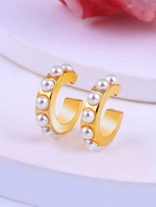 1對時尚鍍金珍珠耳夾耳環適合女士