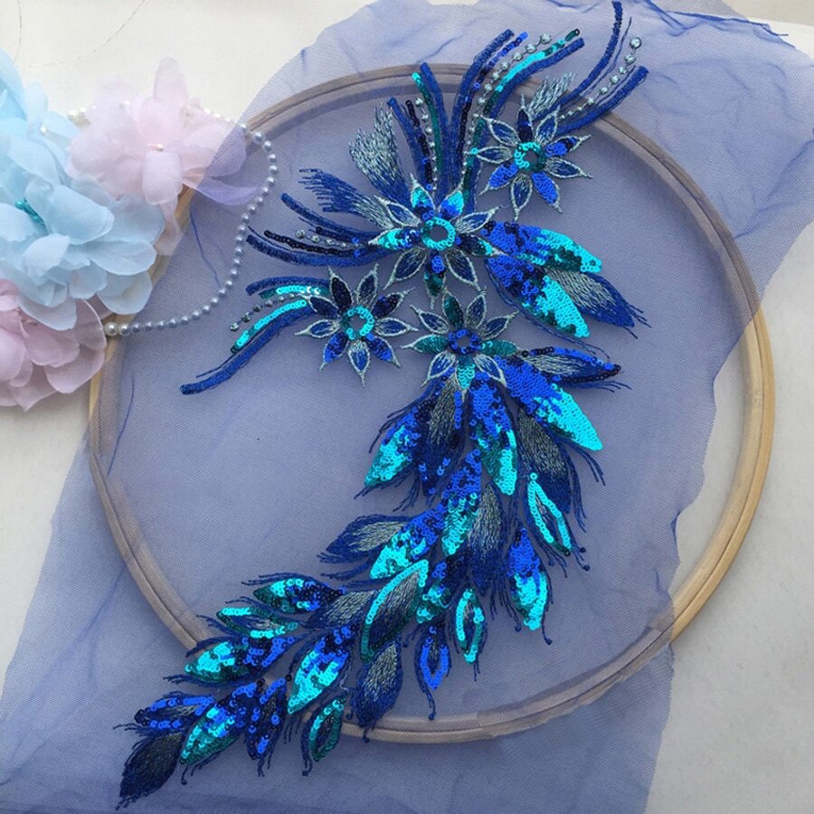 1入組釘珠刺繡服裝配件DIY貼花帶亮片,蕾絲&羽毛圖案貼布適用於服飾,現貨 - 藍色 - 查看 1