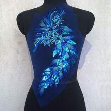 1入組釘珠刺繡服裝配件DIY貼花帶亮片,蕾絲&羽毛圖案貼布適用於服飾,現貨 - 藍色 - 查看 3