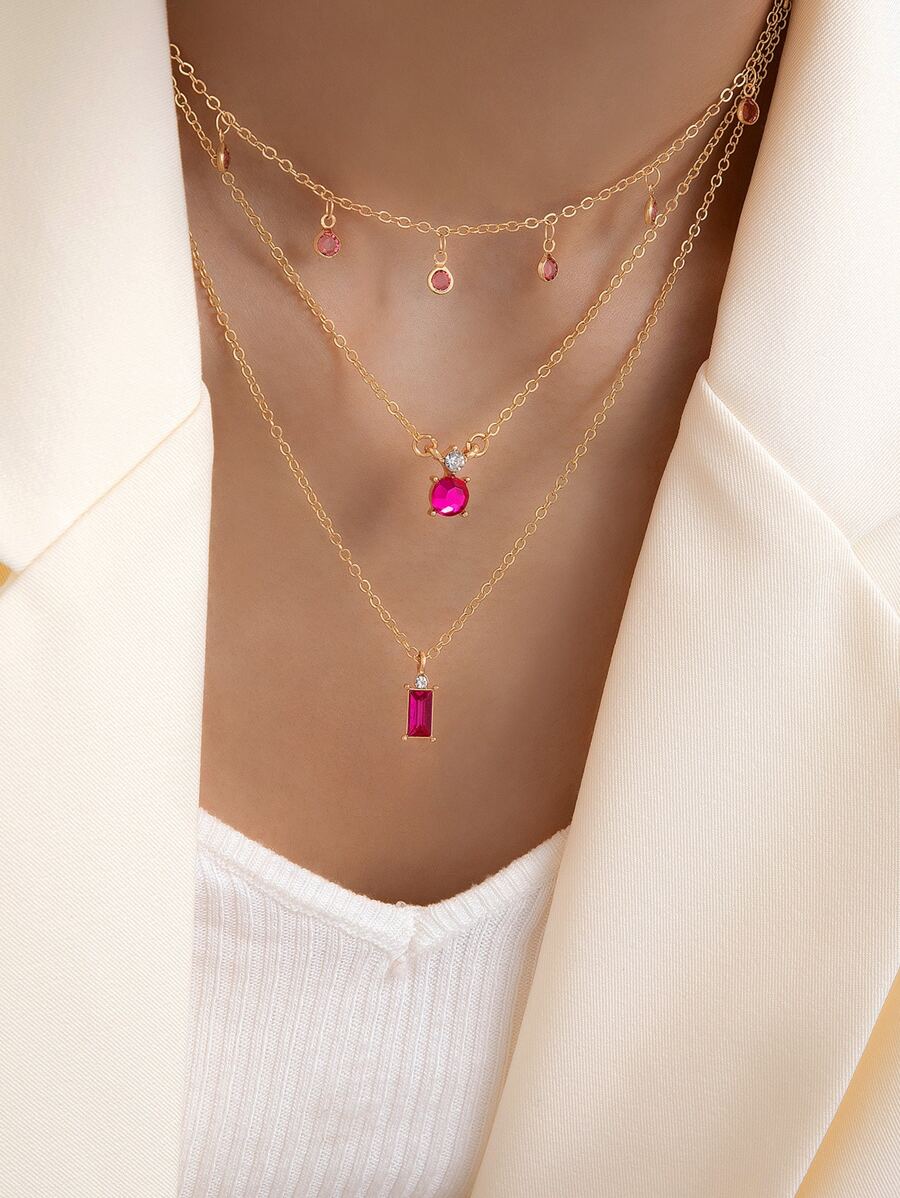 imoli 2 件/套女士合金水钻流苏链项链和多层几何水滴吊坠项链，非常适合派对（注意：手工制作的项链有不对称的水钻珠，其数量可能因尺寸而异）